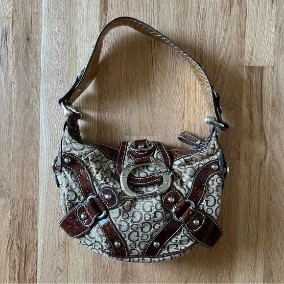 Guess Brown & Tan Shoulder Bag Y2K Linen Handbag - Picture 9 of 15